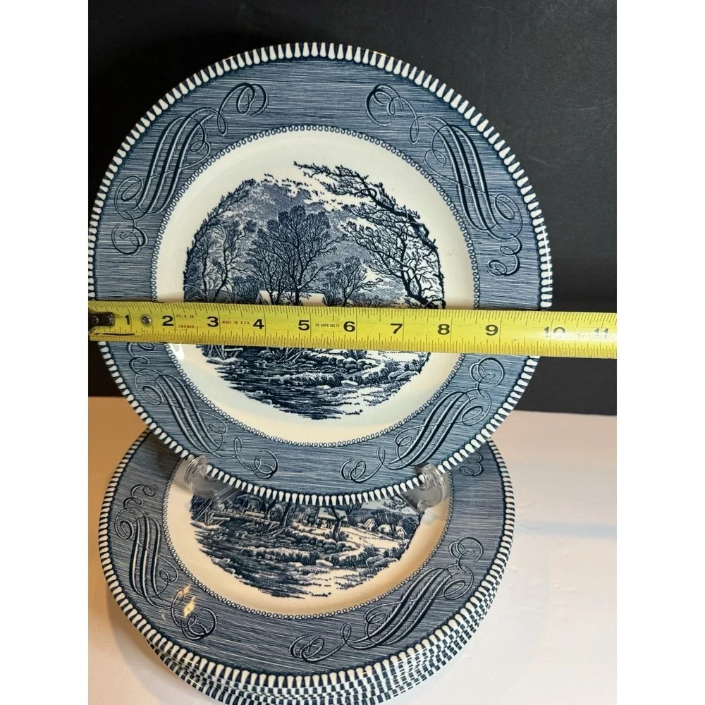 Set of 8 Currier & Ives Old Grist Mill Dinner Plates Royal USA Blue Transferware